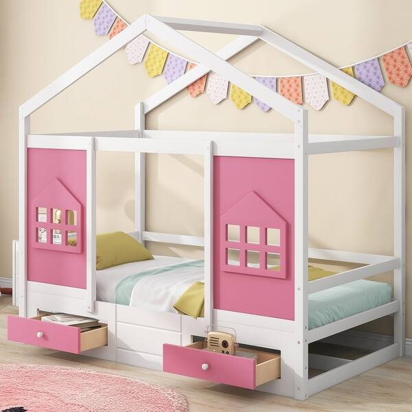 slide 2 of 8, White+Pink Twin Wood House Bed with Drawers, Window Decoration White+Pink