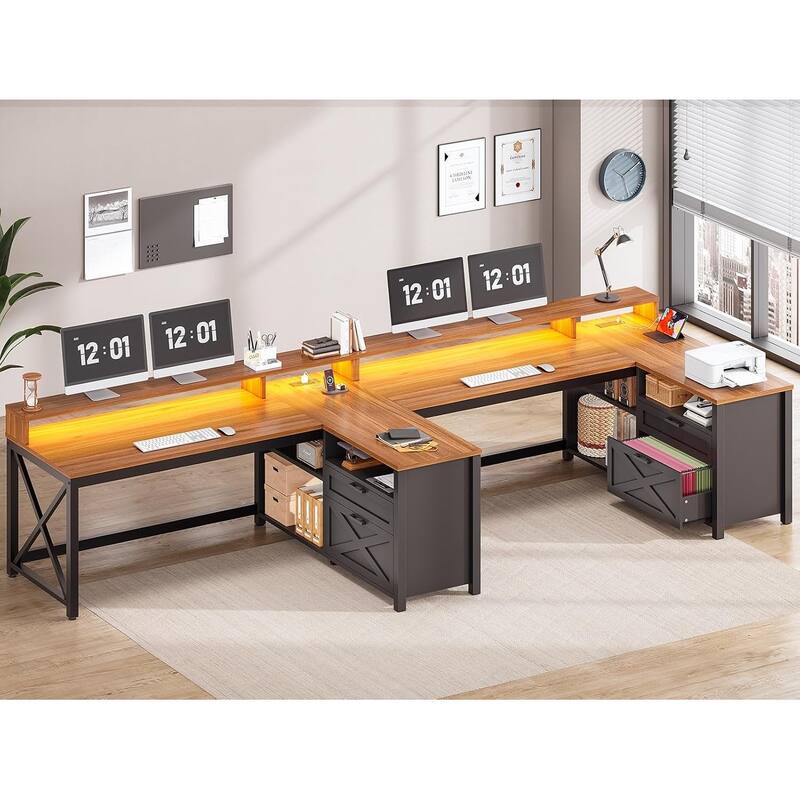 L Shaped Desk 55" Home Office Desk Drawers Storage Shelves