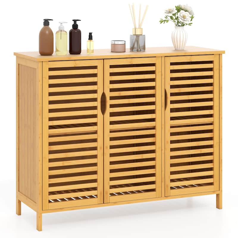 3-Door Natural Wicker Storage Cabinet with Adjustable Shelves for Bathroom, Kitchen or Dining Room - 39.5" x 14" x 31.5"