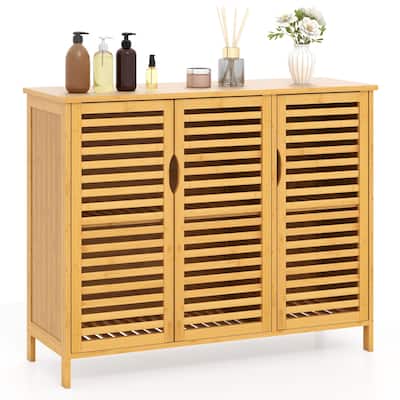 3-Door Natural Wicker Storage Cabinet with Adjustable Shelves for Bathroom, Kitchen or Dining Room - 39.5" x 14" x 31.5"