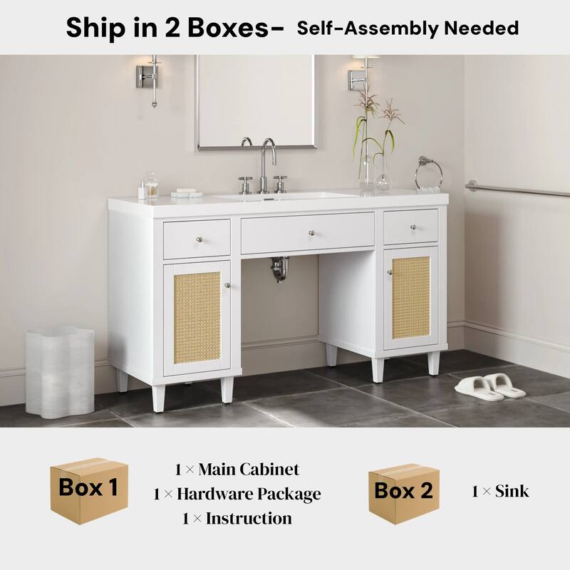 60 Inch Bathroom Vanity with SMC Sink, Modern Spacious Bathroom Storage Cabinet with Soft Close Drawers and Tip-Out Tray