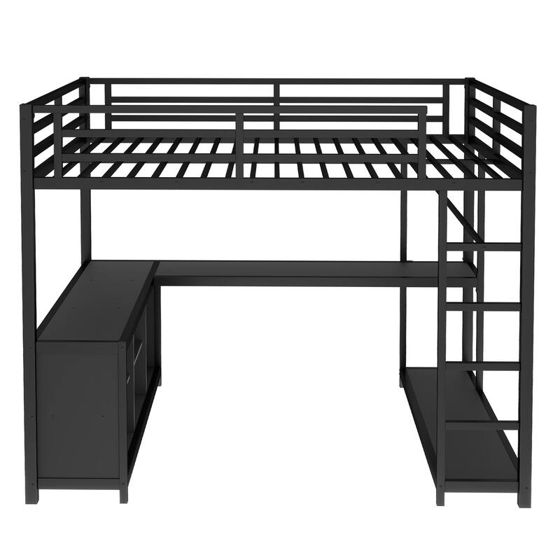 Roomfitters Queen Metal Loft Bed with Wardrobe and L-Shaped Desk, Storage Shelves and Ladder, Black