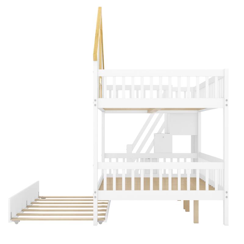 GDFStudio -DreamCottage Modern Wooden House Roof Bunk Bed with Storage Drawers and Staircase