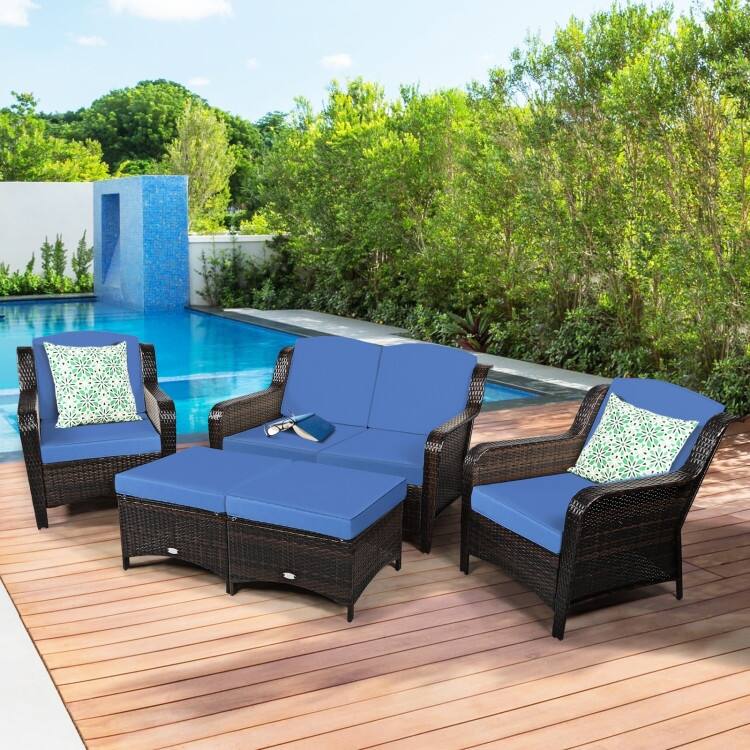 5 Pieces Patio Rattan Sofa Set with Cushion and Ottoman - 51" x 33.5" x 33" (L x W x H)