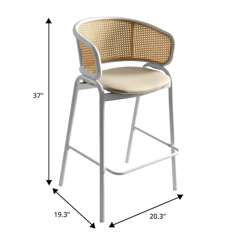 LeisureMod Ervilla Set of 2 Modern Wicker Leather Bar Stool with Curved Back & White Steel Frame for Home Office Dining Room
