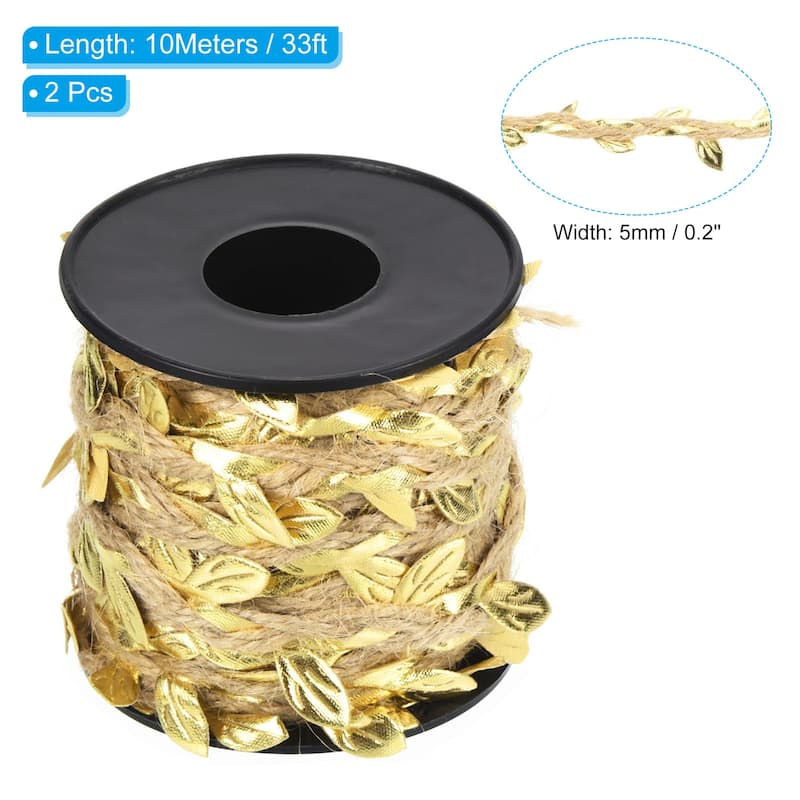 2 Roll 33ft 5mm Burlap Leaf Ribbon Vine Natural Jute Rope Twine - Gold Tone