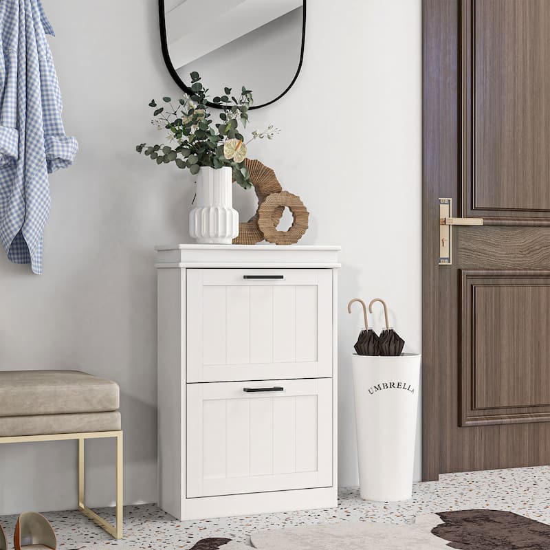 HOMCOM Shoe Cabinet for Entryway, Narrow Shoe Rack Storage Organizer with 2 Flip Drawers and Adjustable Shelves - White