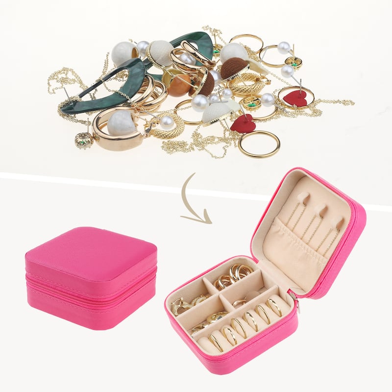 Travel Jewelry Box, Mini Portable PU Leather Jewelry Organizer Case Storage Display Holder for Women and Girls Gifts - 10x10x5cm - Rose Red