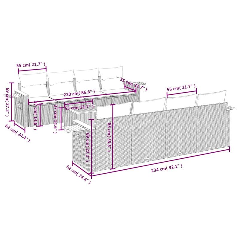 vidaXL 9 Piece Patio Sofa Set with Cushions Grey Poly Rattan (US only) - 92.1x33.5x86.6