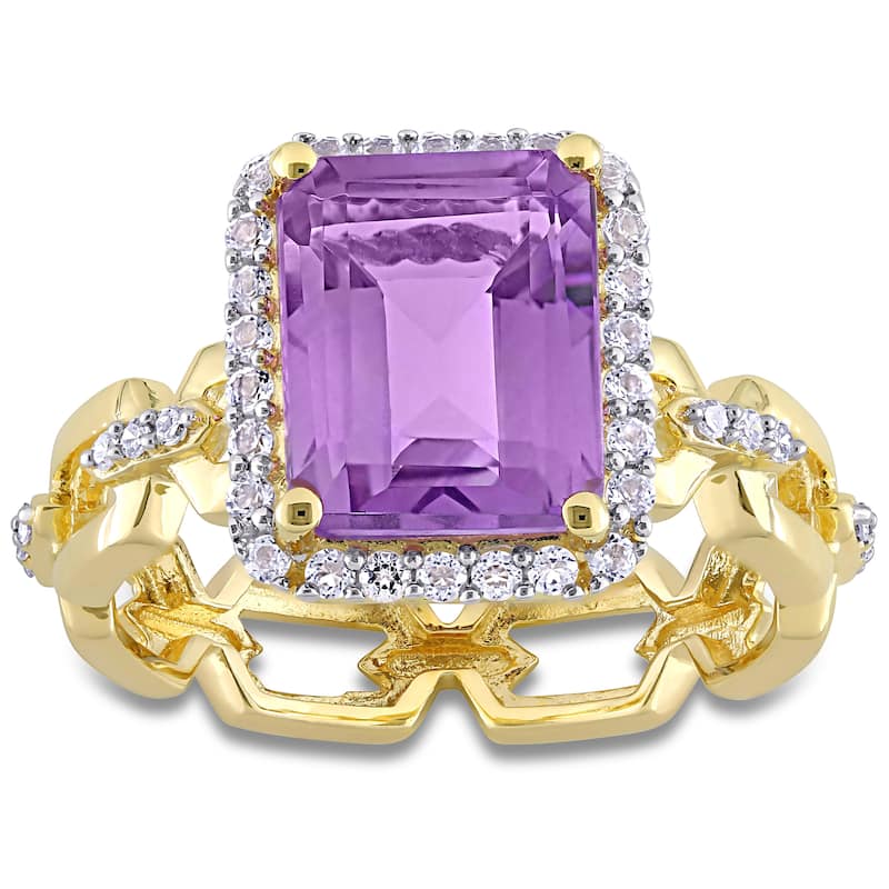 Miadora Yellow Plated Sterling Silver Amethyst, White Topaz & Diamond Accent Halo Link Cocktail Ring