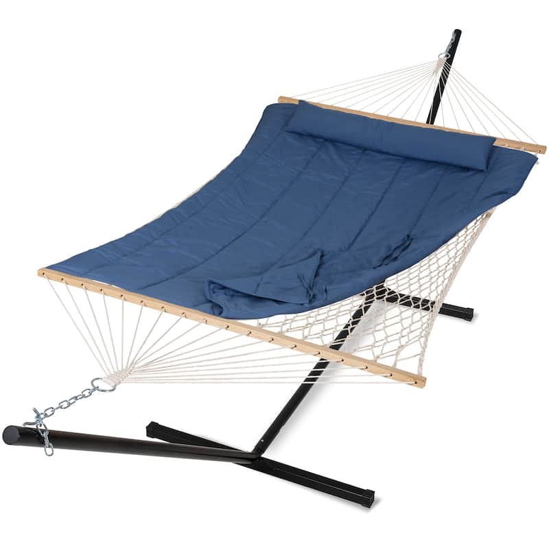 Double Hammock with Stand, Two Person Cotton Rope Hammock - 147.6(L)*52(W)*47.6(H) - Solid Blue