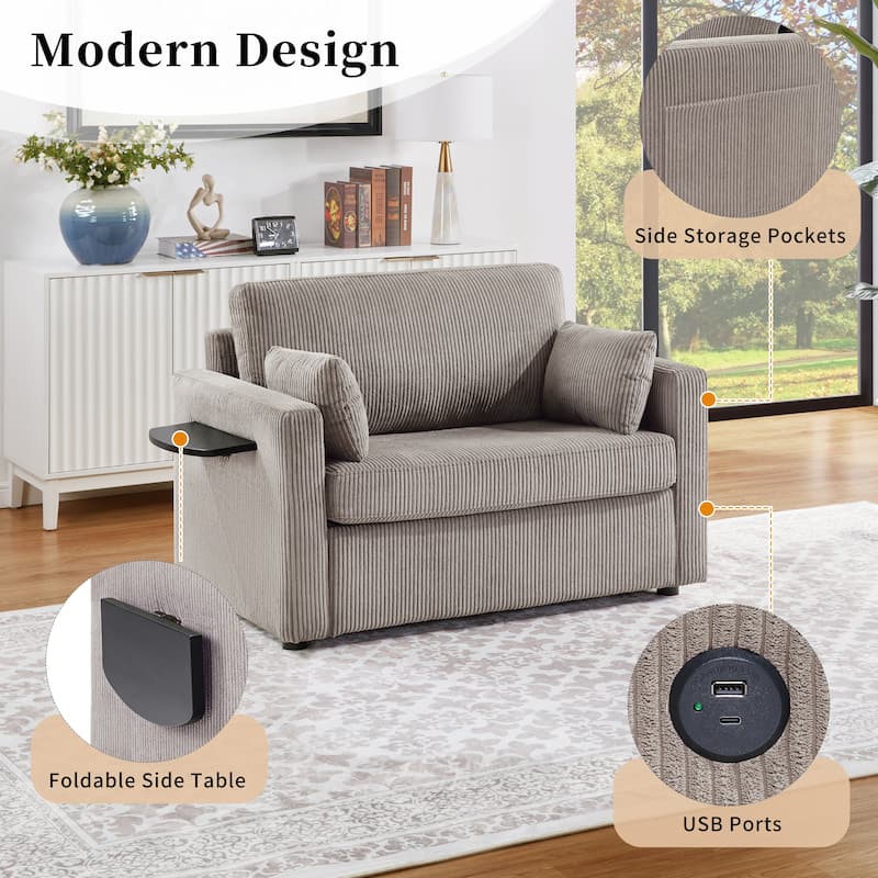 Sofa Bed with Foldable Side Table, Sleeper Sofa Loveseat Sofa with USB Charging Ports, Daybed with Storage Pocket