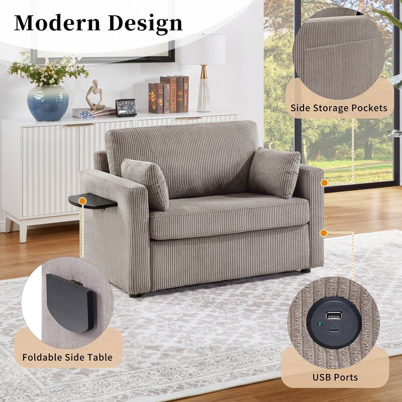 Twin Size Sofa Bed Sleeper Sofa with a Foldable Mattress, a Foldable Side Table, a Side Storage Pocket and Two USB Ports