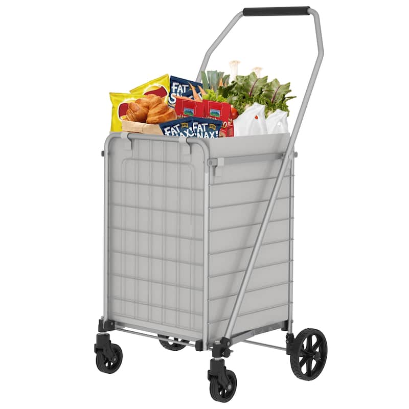 Foldable Grocery Shopping Cart with Shelf & Double Basket and 360 Rolling Swivel Wheels