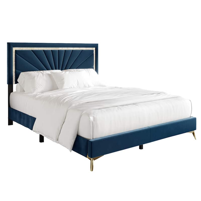 CraftPorch Luxurious Diamond Strip Velvet Upholstered Bed - Navy Blue - Full