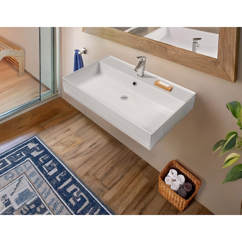 Rectangular Wall Mount Basin with Faucet Drilling Options and Overflow