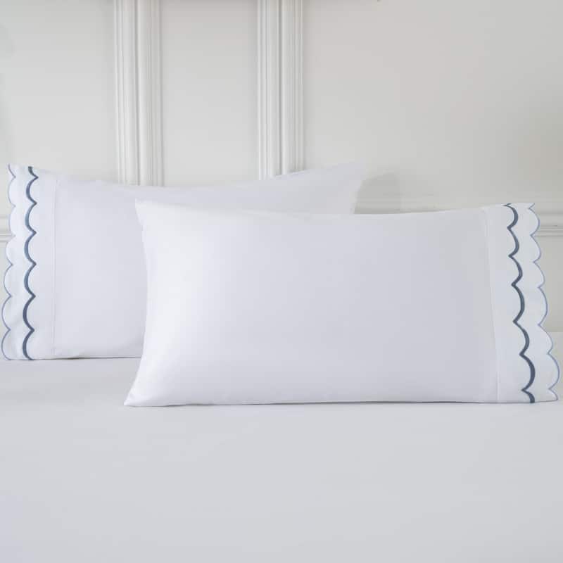 Luxury Hotel Style 400TC Cotton Pillowcases, Scallop Embroidery, 2Pack, 20x30" - Blue