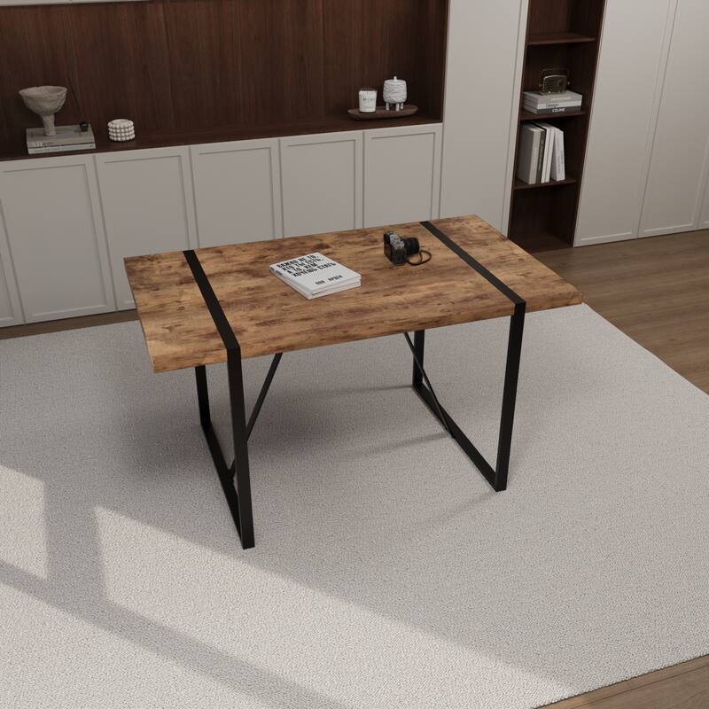 55 "rural industrial rectangular MDF dark wood dining table, 4-6 people, 1.5" thick engineering wood tabletop