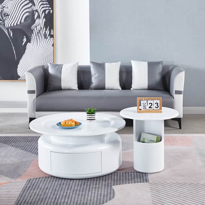 2 Pieces White MDF Round Coffee Table Set for Living Room - White