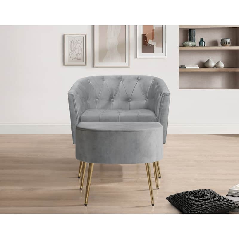 Clayfell CASSY VELVET FLARED ARM CHAIR WITH STOOL - 28.9" - Grey