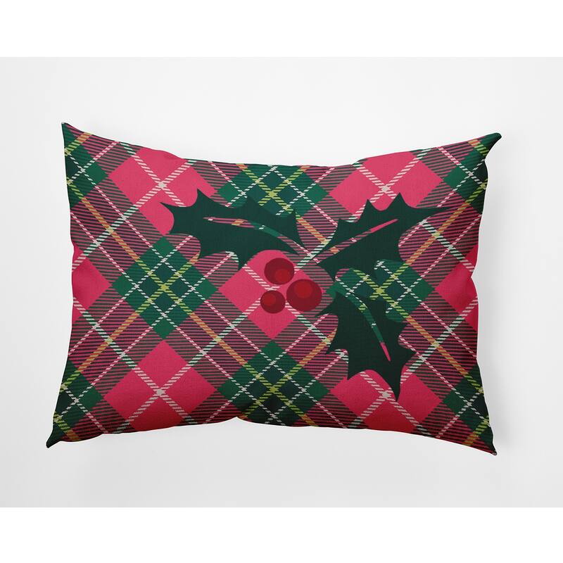 Holly on Plaid Christmas Indoor/Outdoor Throw Pillow - 14" x 20" - Christmas Pink