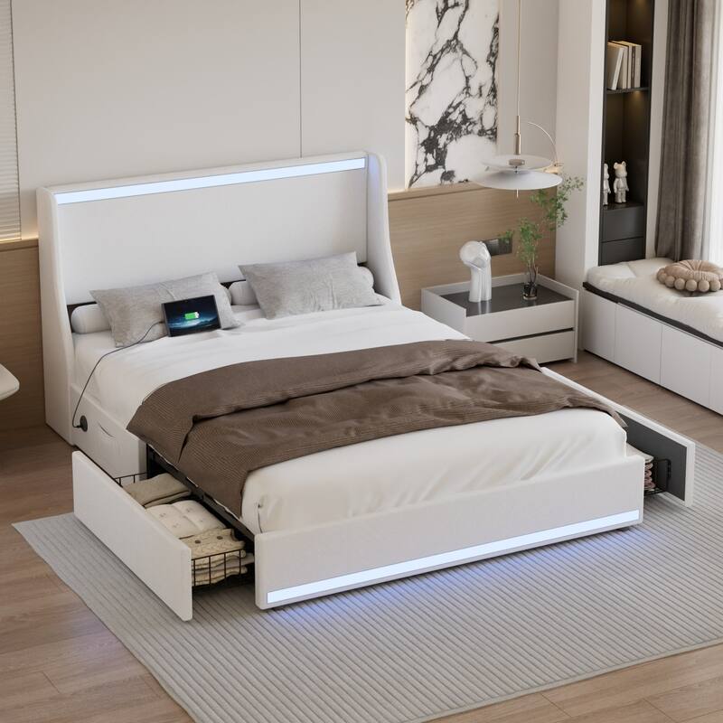 Javlergo Bed Frame with LED Lights and Charging Station Linen Fabric Bed with Drawers Wooden Slats - White - Queen
