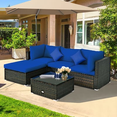 5 Pcs Outdoor Patio Rattan Furniture Set Sectional Conversation with Cushions - 29.5'' x 29.5'' x 25.5'' (L x W xH)