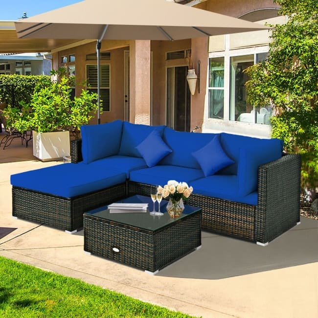 5 Pcs Outdoor Patio Rattan Furniture Set Sectional Conversation with Cushions - 29.5'' x 29.5'' x 25.5'' (L x W xH)