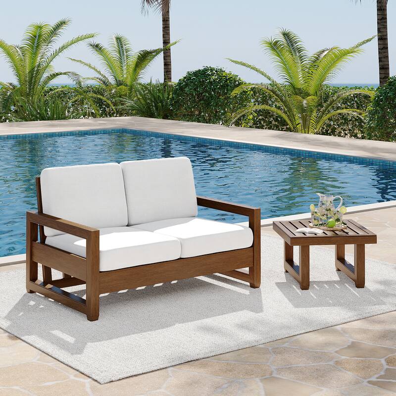 Teak Loveseat Patio Set with Cushions and Table (2-Piece) - Beige/Brown wood - Side table