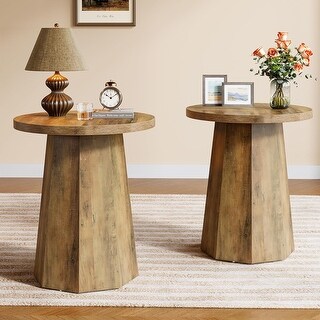 Rustic Round Wooden End Table with Octagonal Base, Farmhouse Side Table ...