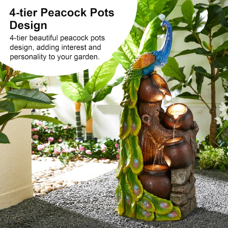 Glitzhome 40"H Oversized 4-Tier Peacock Jars Polyresin LED Lighted Outdoor Floor Fountain