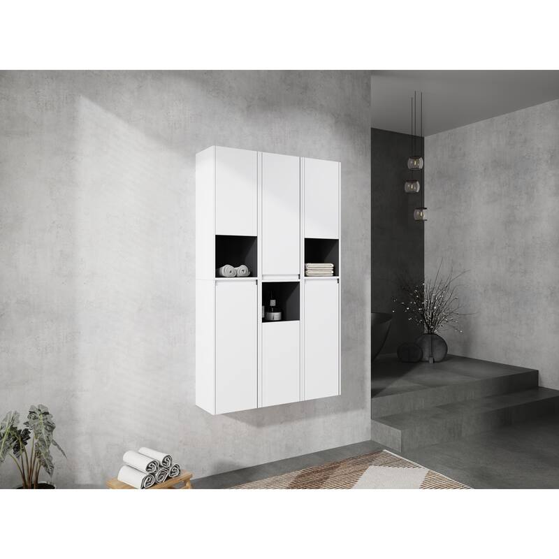 Modern Wall-Mounted Bathroom Side Cabinet with Soft-Close Doors, Floating Design, 6 Storage Compartments, 12-Inch Width
