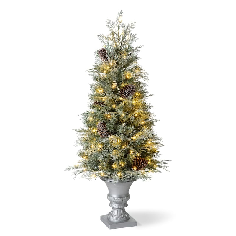 Glitzhome 4ft/5ft/6ft Flocked Pine Christmas Potted Porch Tree With Warm White Lights