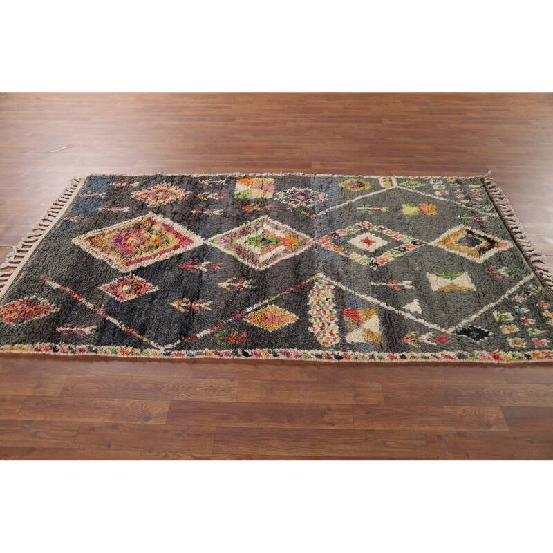 Hand Knotted Oriental 100% Wool Carpet Modern Tribal Greys & Charcoal Moroccan Area Rug - 6' 11'' X 4' 1''