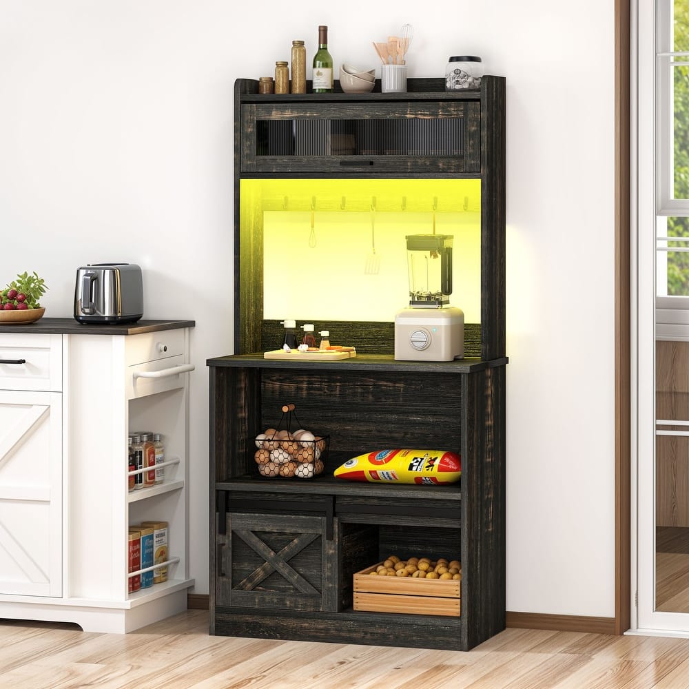 Moasis Farmhouse Kitchen Baker's Rack with Storage Shelves and Sliding Door & Power Outlets