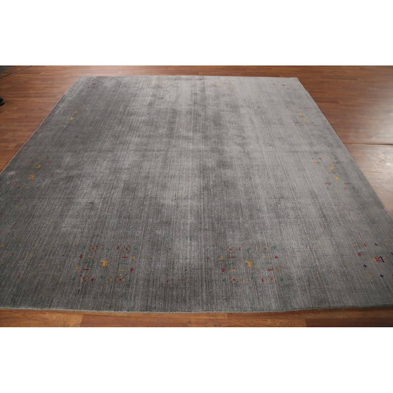 Striped Gabbeh Square Area Rug Handmade Gray Wool Carpet - 9'0"x 8'7"