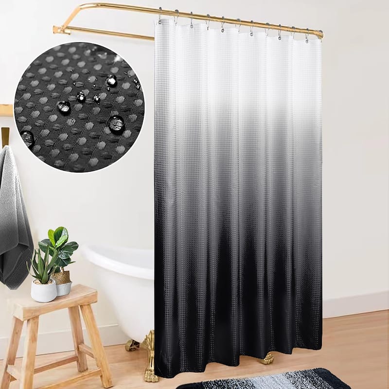 Black and White Waffle Weave Fabric Shower Curtain Set, 72x72 Inches