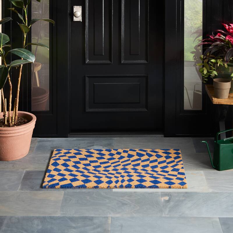 TOWN & COUNTRY TERRA Emmett Groovy Checkerboard Outdoor Door Mat, Natural Coir Mat