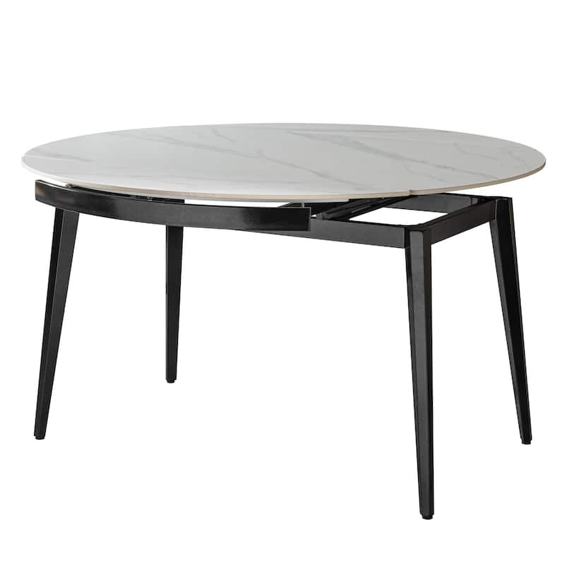 Extendable Sintered Stone Material Round Dining Table - White+Black
