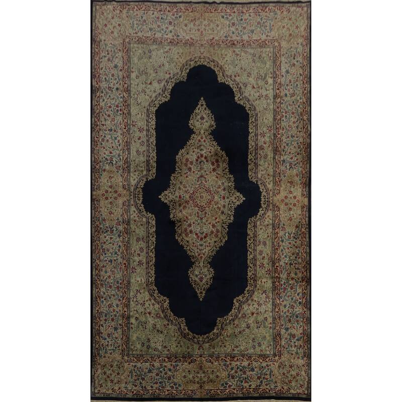 Hand Knotted Oriental 100% Wool Carpet Traditional Floral Navy Blue & Blues Kerman Area Rug - 16' 10'' X 10' 2''