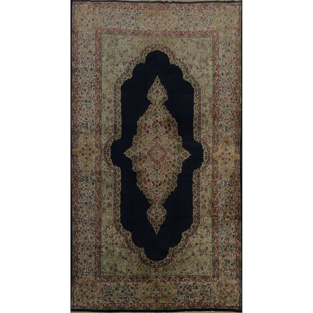 Hand Knotted Oriental 100% Wool Carpet Traditional Floral Navy Blue & Blues Kerman Area Rug - 16' 10'' X 10' 2''