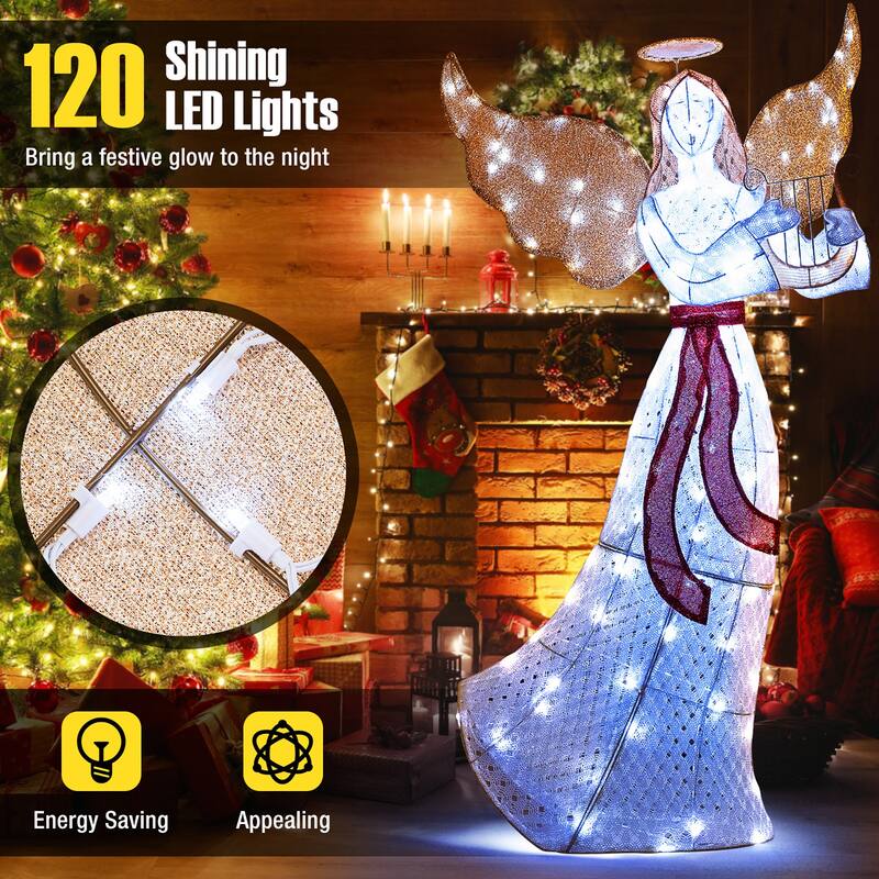 Gymax 5 FT Lighted Angel w/ Harp LED Lights Halo Zip Ties & Ground - Multi - See Details