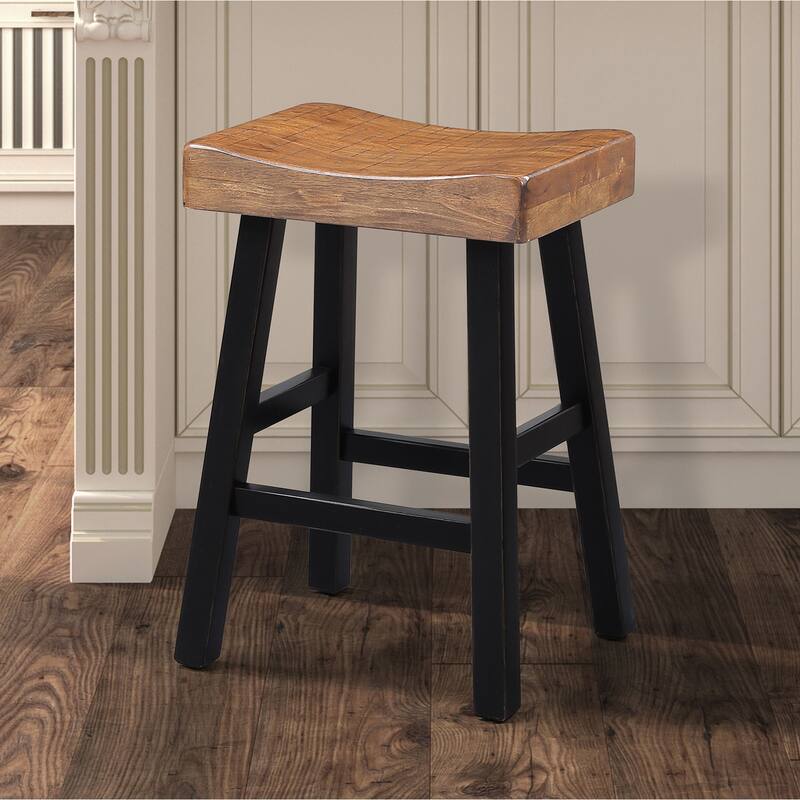 Traditional Solid Wooden Stool Set of 2pc, Contour Seat Oak / Black 24"H
