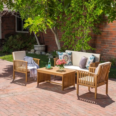 4-Piece Outdoor Chat Set with Water Resistant Cushion and Wood Frame