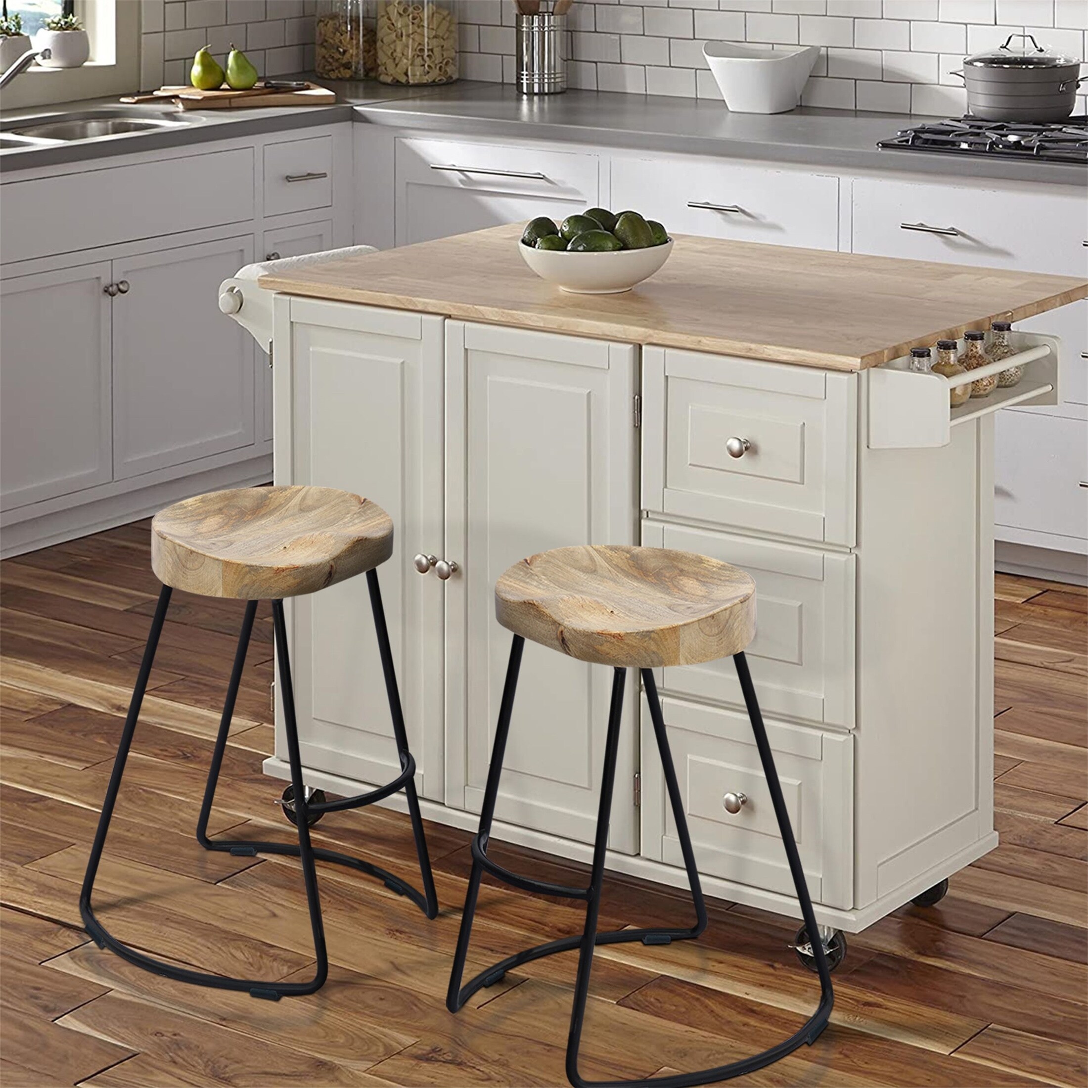 Brown Black 24 Inch Mango Wood Counter Height Stool Set of 2