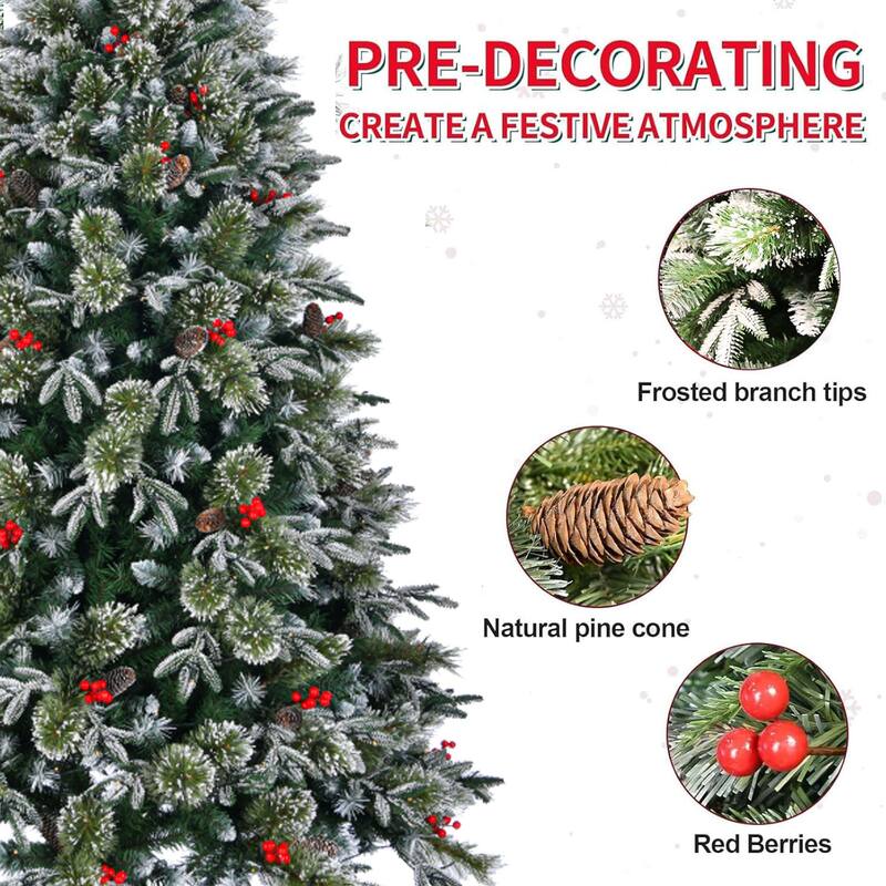 Artificial Christmas Tree 8Ft Snow Frosted Xmas Tree Pre-Decorated Christmas Tree with Pinecones & Berries Metal Stand
