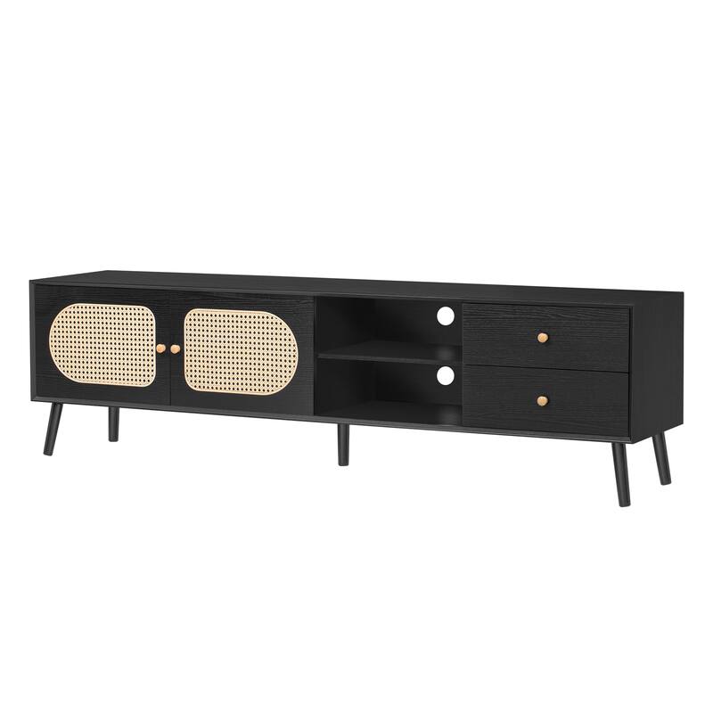 70" Tv Stand For Tvs Up To 80 Inches,Mid Century Modern Entertainment Center With Rattan Doors,2 Drawers,And Open Shelf