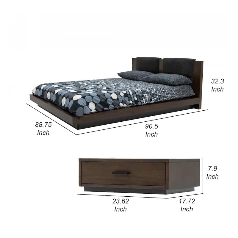 Noe Col King Size Bed with 2 Nightstands, Black Pillow Headboard, Brown