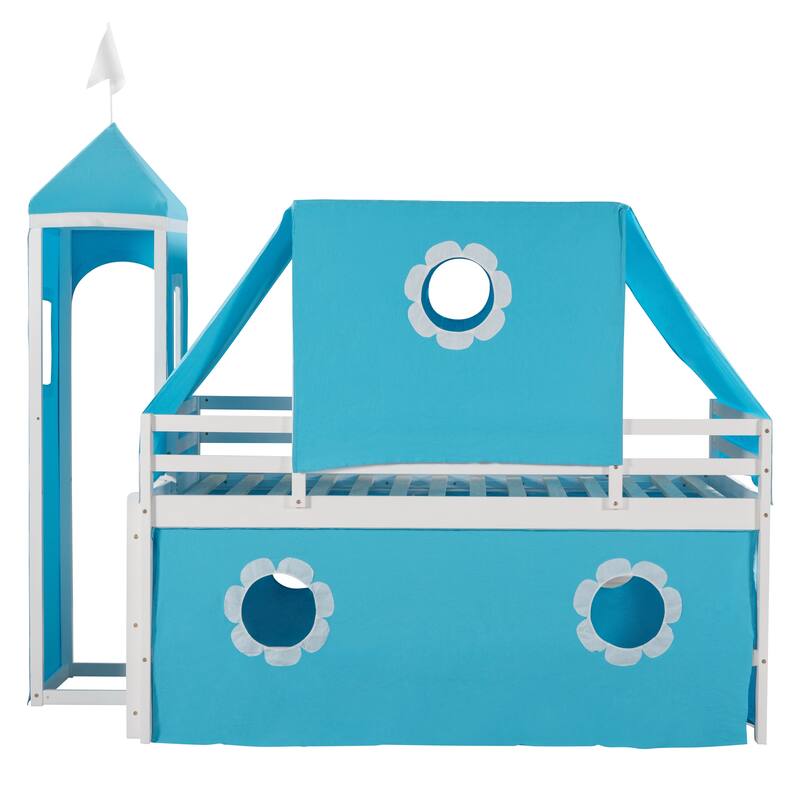 Cute Solid Wood House Loft Bed with Slide, Tent, and Tower for Kids