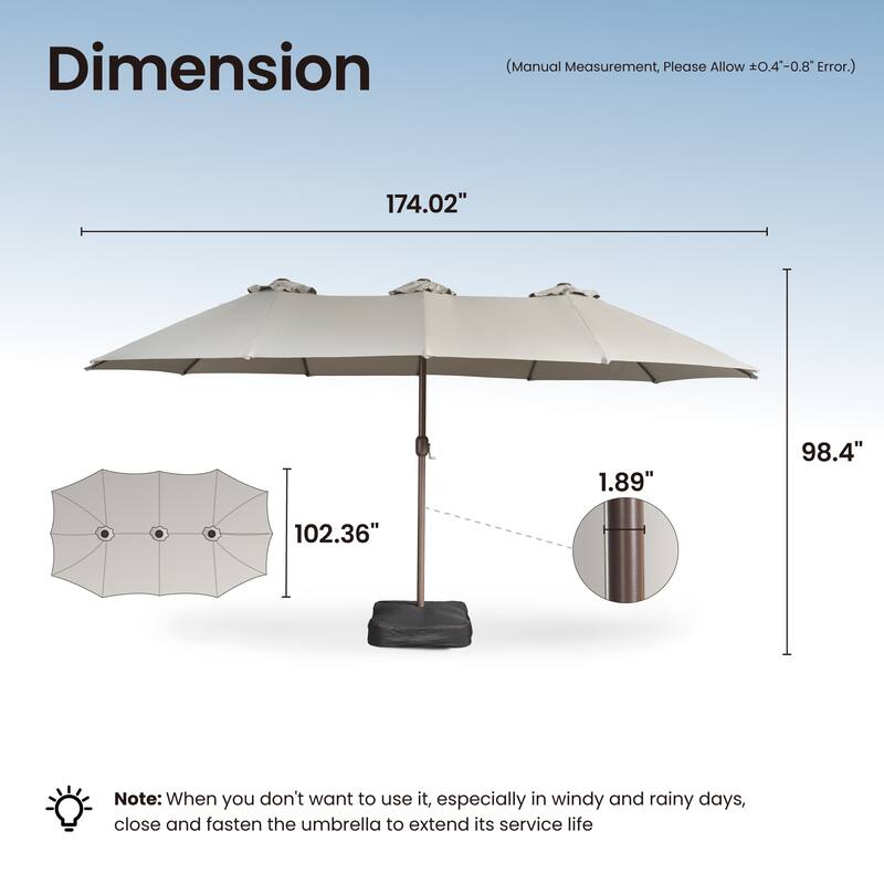 OVIOS 15ft Double-Sided Patio Umbrella with Crank & Weighted Sandbag Base
